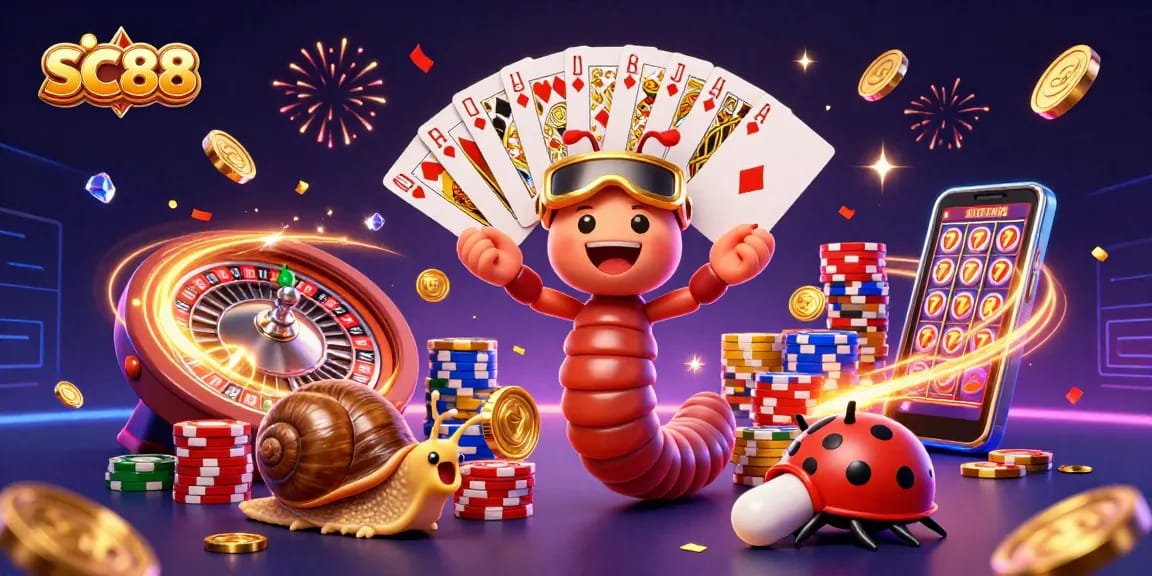 Engaging SC88 scene with a millipede dealer showcasing cards, snail high-roller, and festive casino elements.