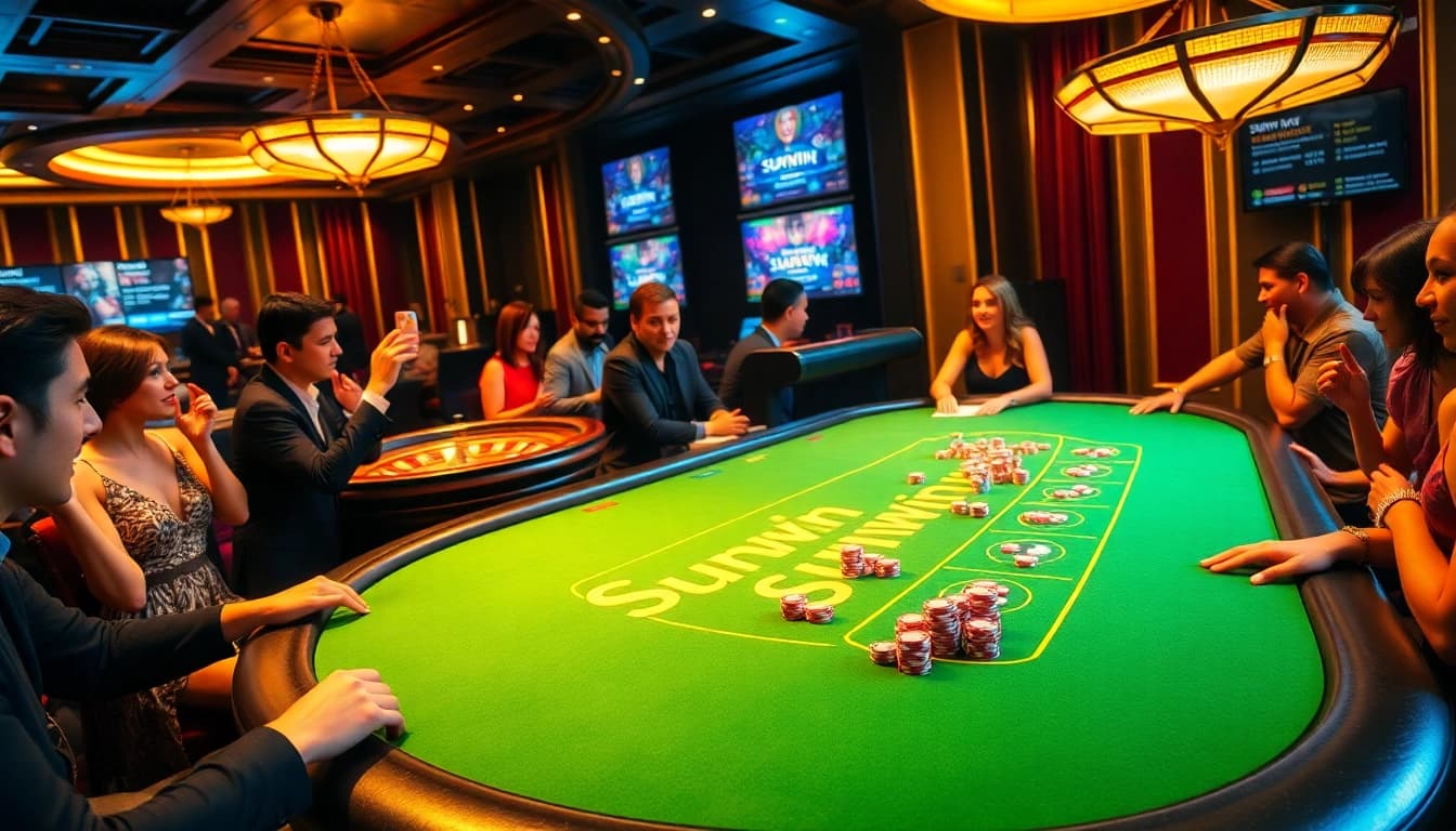 Players enjoying a thrilling game at the Sunwin casino table with vibrant decorations.