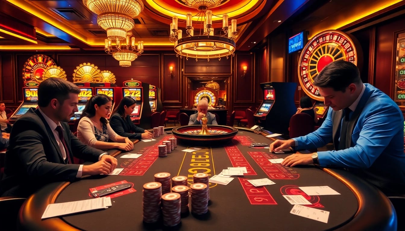 Intensely focused players at a high-stakes poker table at https://fun793.org/, surrounded by luxurious casino elements.