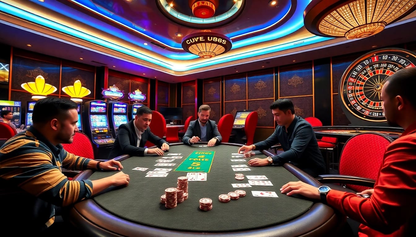 Players enjoying a thrilling poker game at U888 casino, surrounded by slot machines and a roulette wheel.