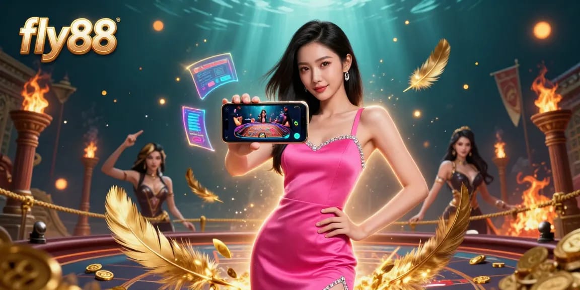 Experience immersive gaming with fly88's live dealer features in a vibrant casino scene.