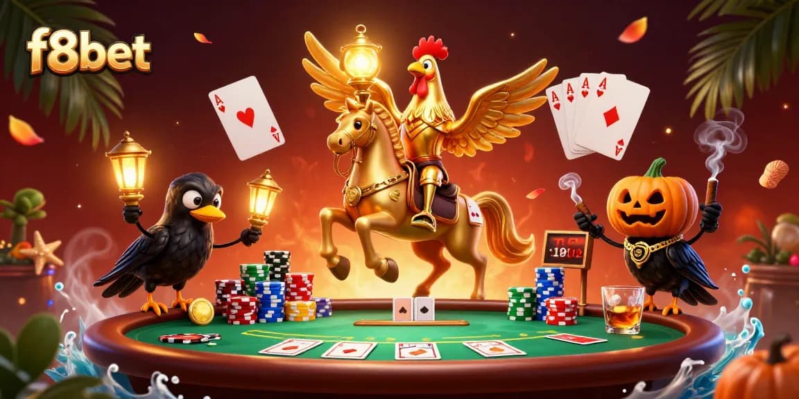 Experience exhilarating play at f8bet with a dynamic carnival scene featuring vibrant golden rooster characters and poker elements.