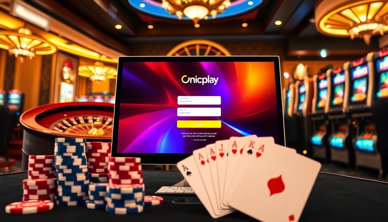 Engaging scene of onicplay login interface surrounded by casino elements, showcasing exciting gambling atmosphere.