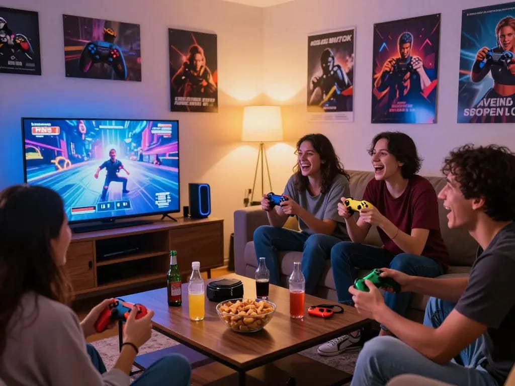 Exciting gaming scene with friends enjoying Panen178 on a large TV at https://www.achildsdreamnursery.com/ home setting, packed with snacks and laughter.