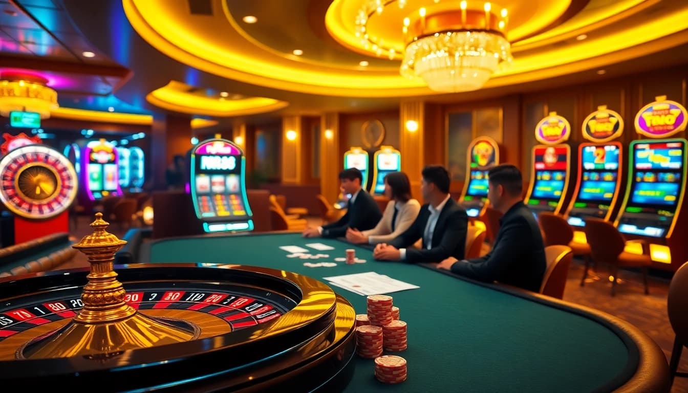 Experience the excitement of Nhà Cái RR88 with vibrant casino visuals featuring roulette, slots, and professional gamblers.