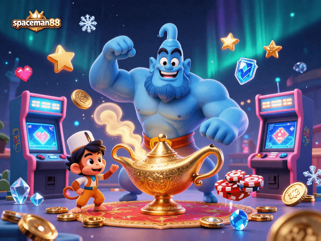 Experience big wins with spaceman88 in this ultra-detailed casino scene featuring a mystical genie and vibrant game elements.