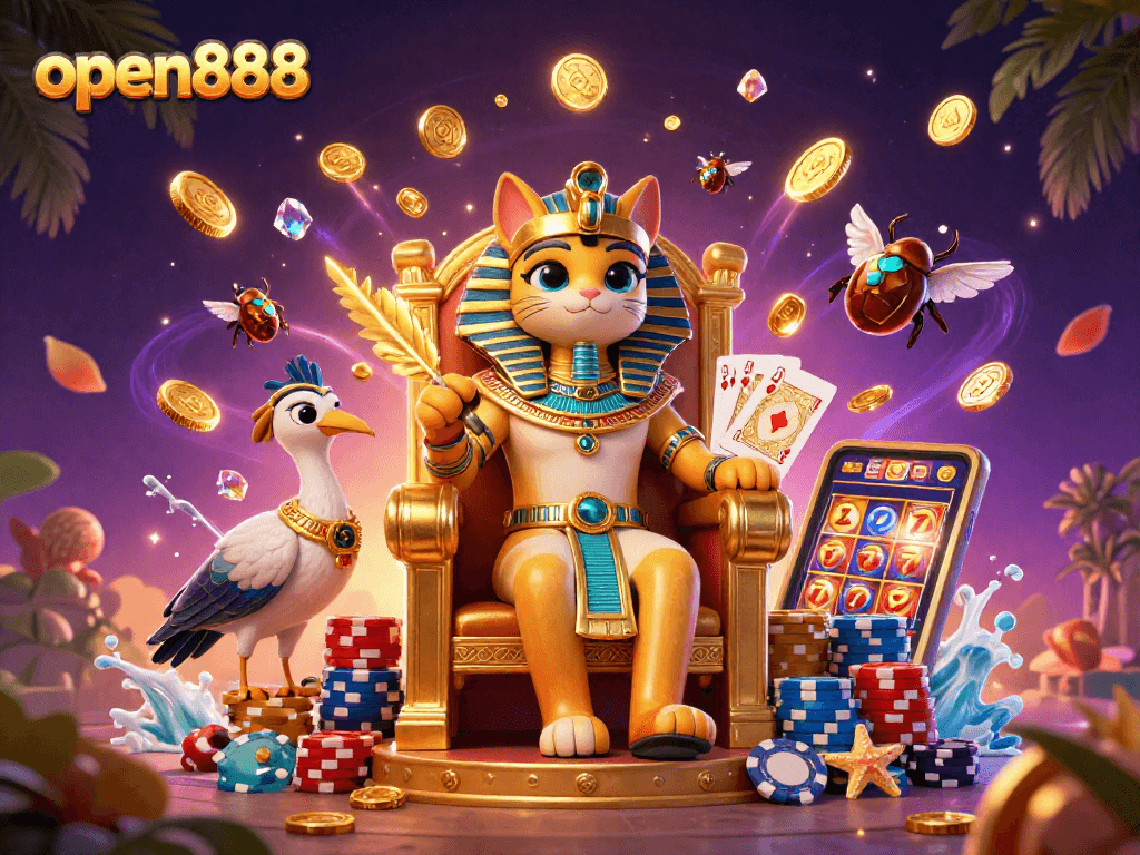 Experience the thrill of gaming at open888 with vibrant 3D casino illustrations, featuring Egyptian motifs and dynamic elements.