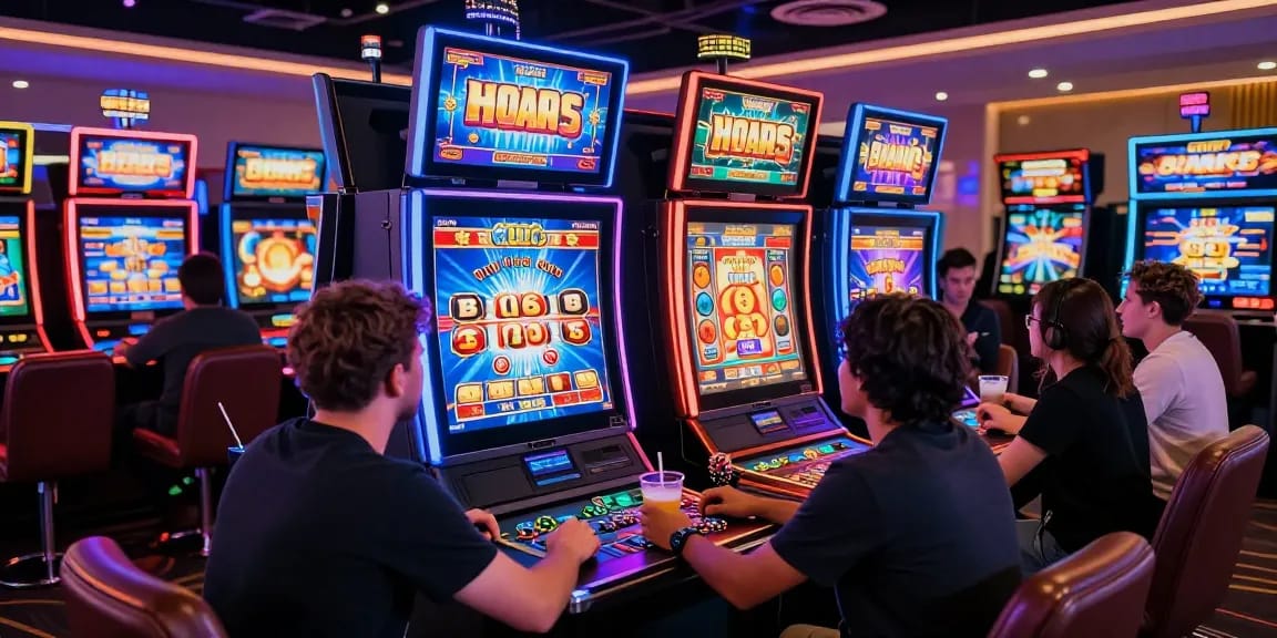 Exciting casino environment at https://crownnorthill.co.uk/ featuring players engaged with dynamic bonus buy slot machines, illuminated by vibrant neon lights.