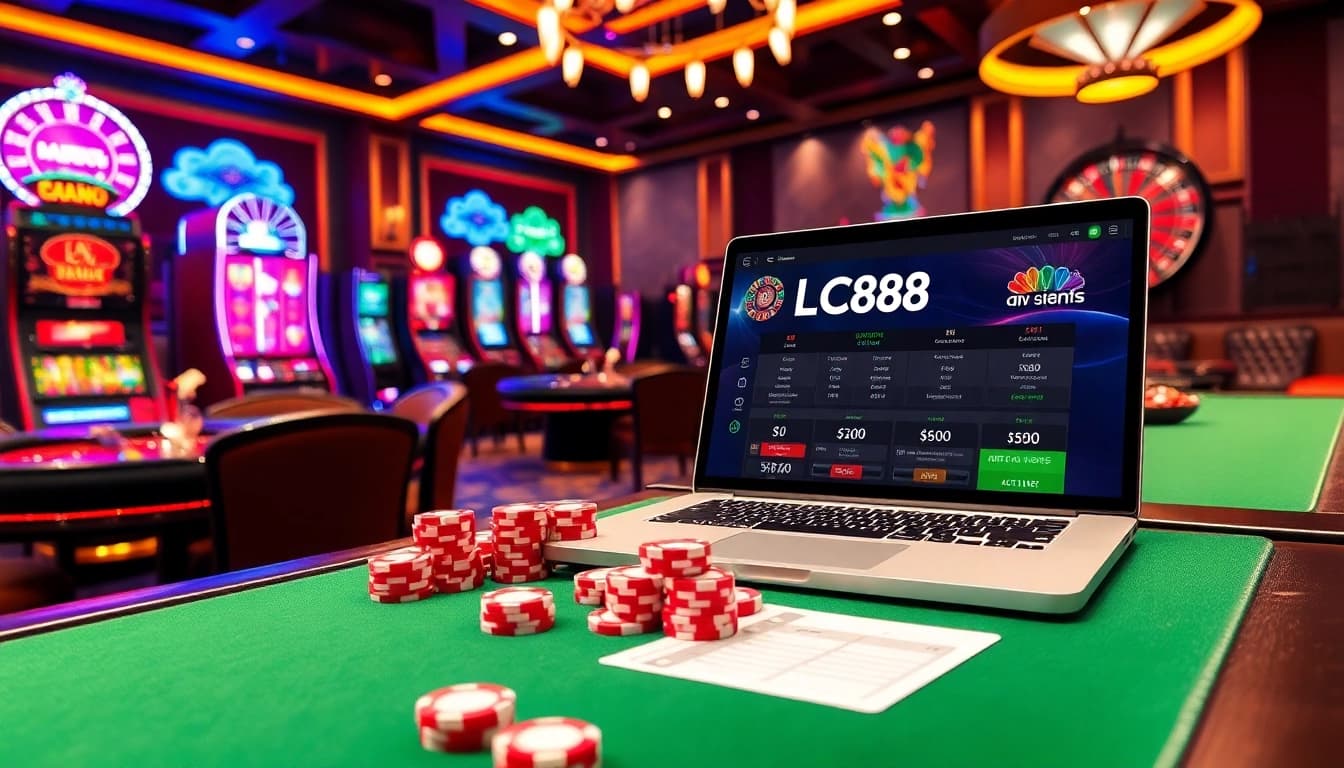 Betting scene showcasing LC88 with vibrant tables, poker chips, and an engaging online interface.