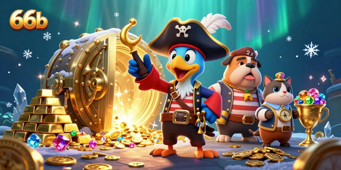 Experience thrilling wins at 66b with pirate-themed adventures and treasures in this vibrant illustration.