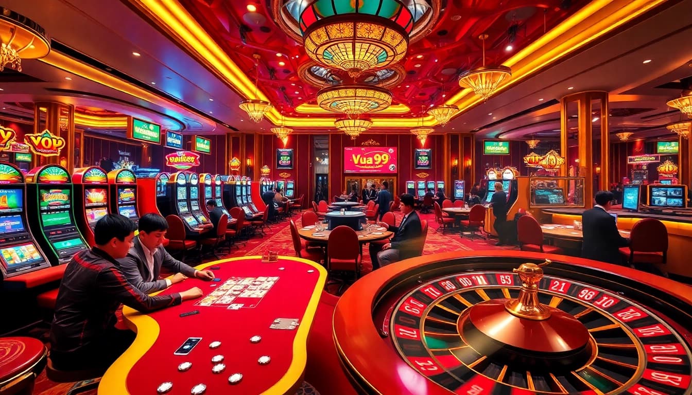 Experience the vibrant gaming atmosphere at Vua 99 with lively slot machines and poker action.