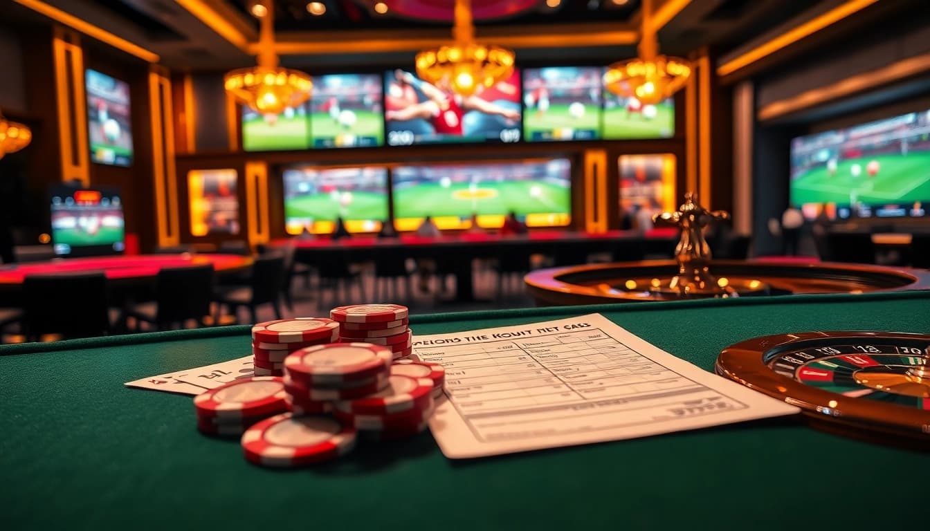 Learn แทงบอลยังไง with a vibrant sports betting scene, showcasing betting slips and poker chips.