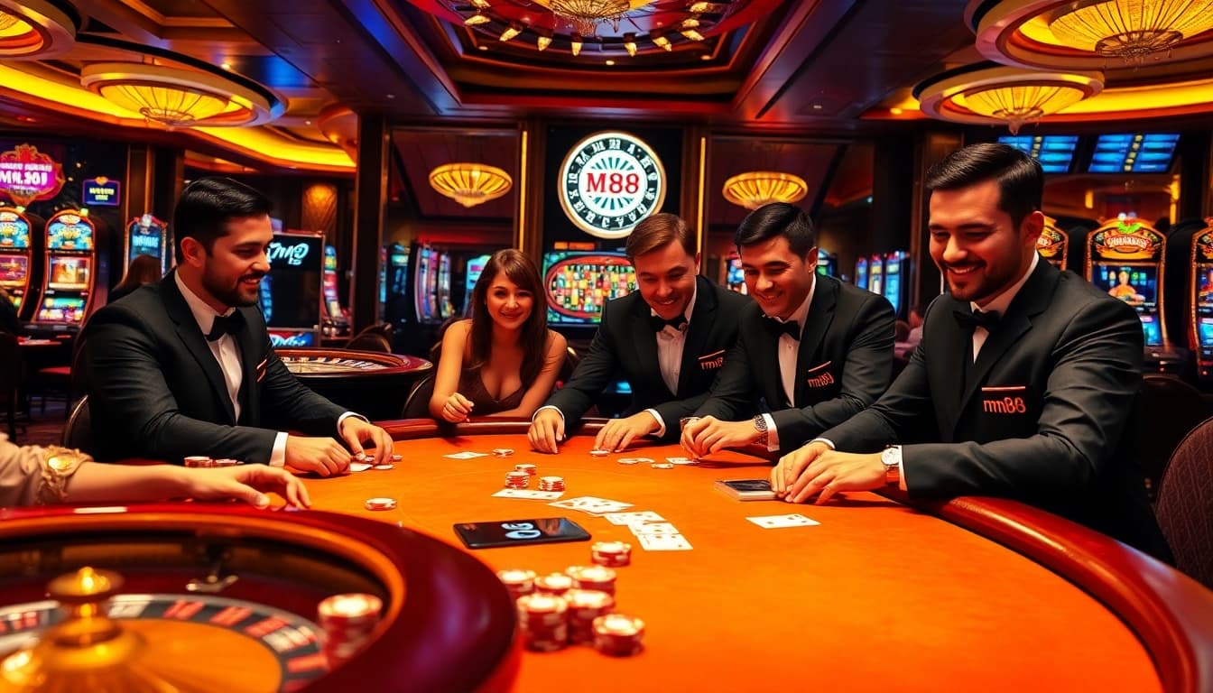 mm88 casino scene with gamblers at a poker table enjoying a high-stakes game.
