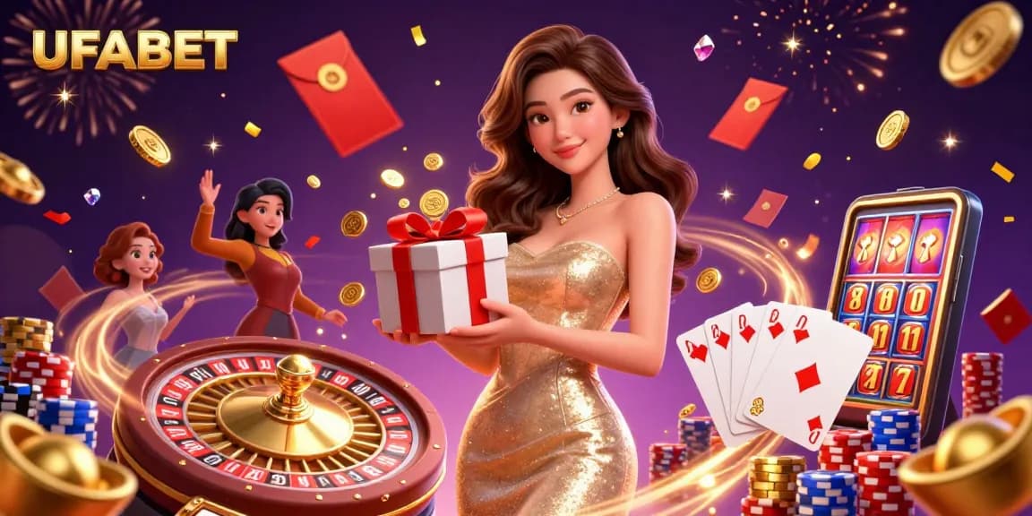 Spin the wheel of fortune at UFABET, featuring a glamorous Asian woman with themed casino elements.