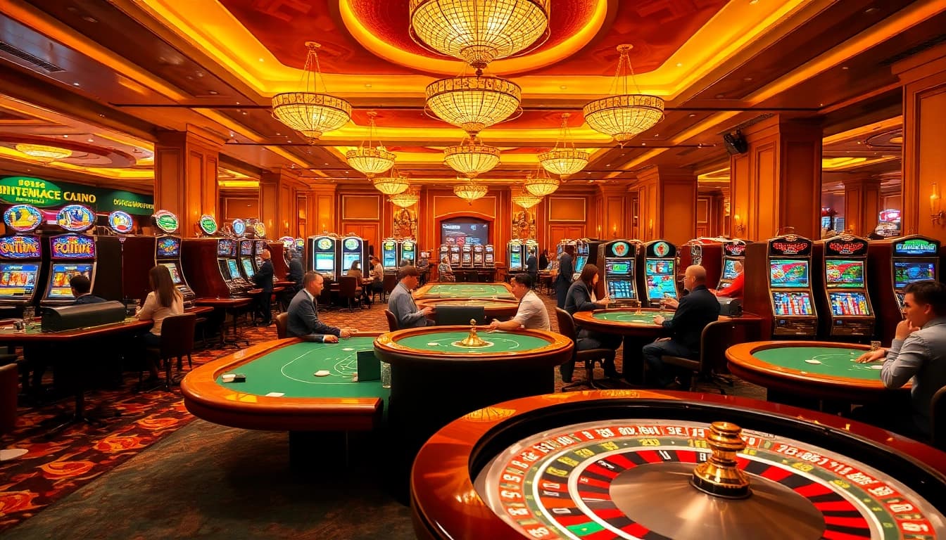 Casino gaming scene at https://lc88ta.com/, featuring poker tables and lively players enjoying their bets.