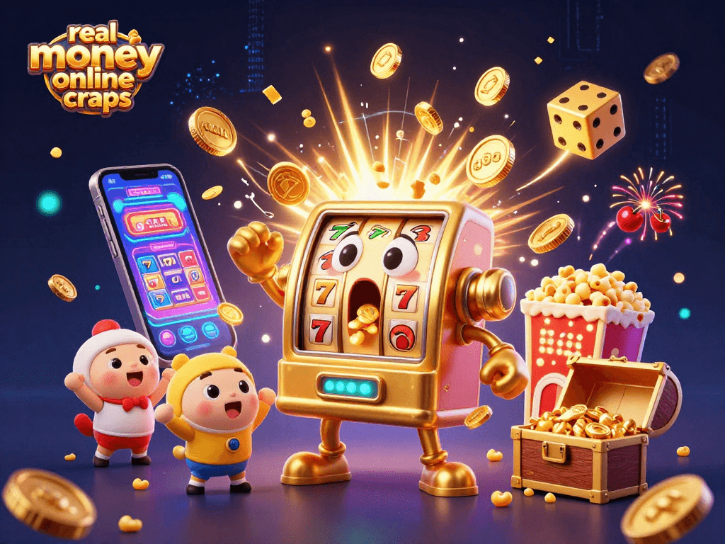 Engaging 3D scene showcasing real money online craps action with a vibrant slot machine theme.
