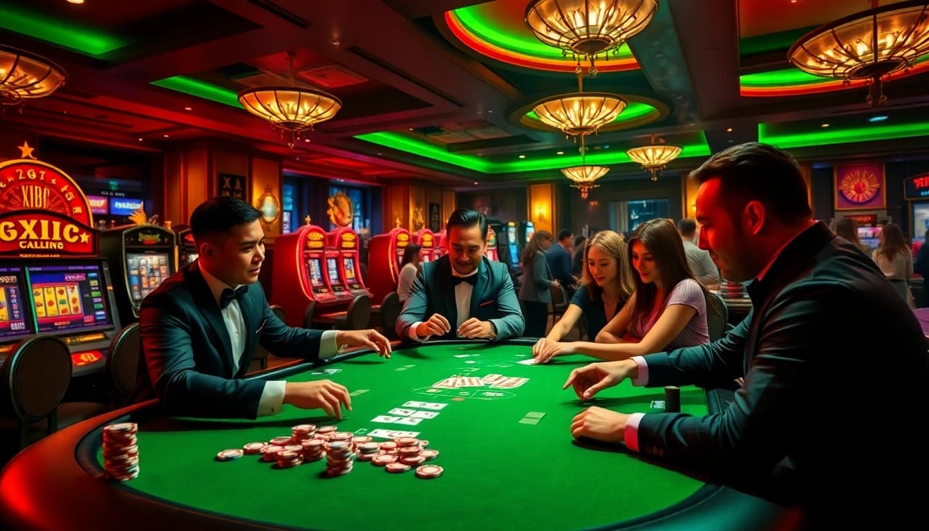 Players engaged in a thrilling poker game at the luxurious XX88 casino.