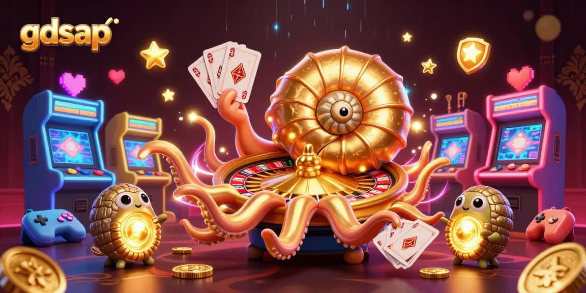 Engage with gdsap's vibrant 3D casino scene featuring a giant nautilus roulette wheel and arcade games.
