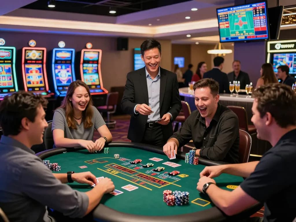 Exciting casino action at SC88 featuring players at vibrant gaming tables and glowing slot machines.