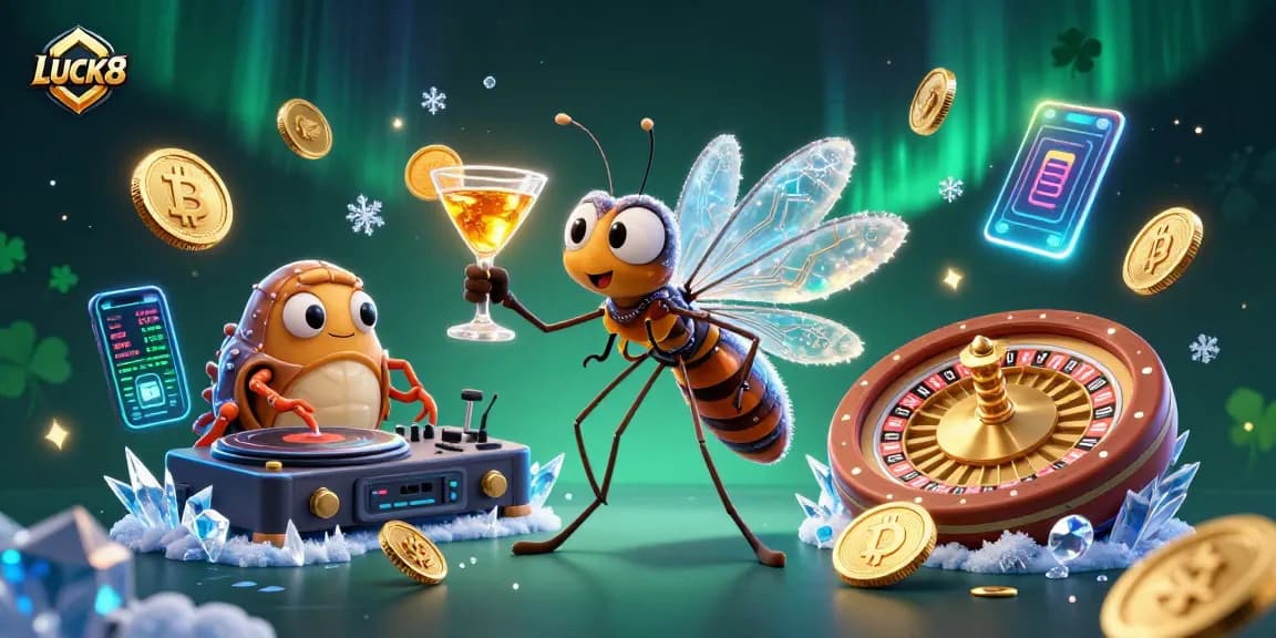 Experience the excitement of LUCK8 with unique casino characters and thrilling games depicted in this vibrant scene.