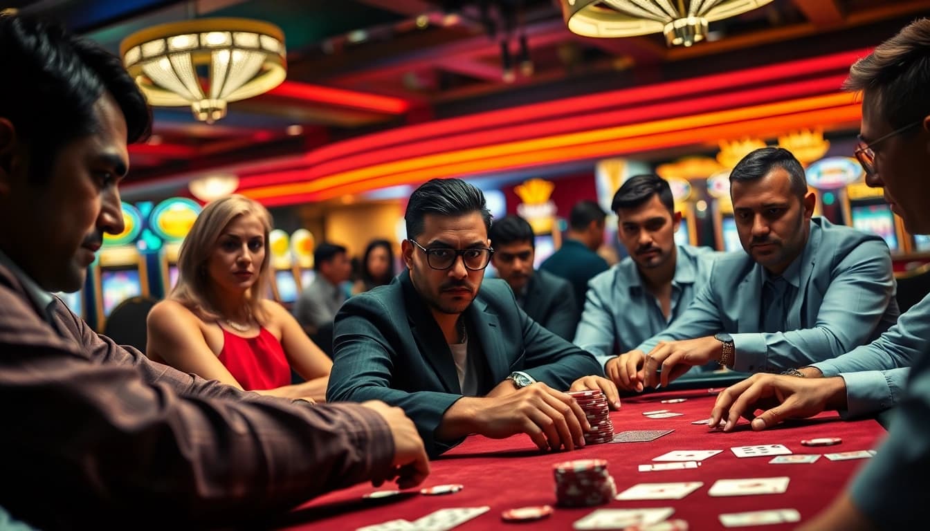 Engaged players in an intense poker game with vibrant casino ambiance and strategic lighting.