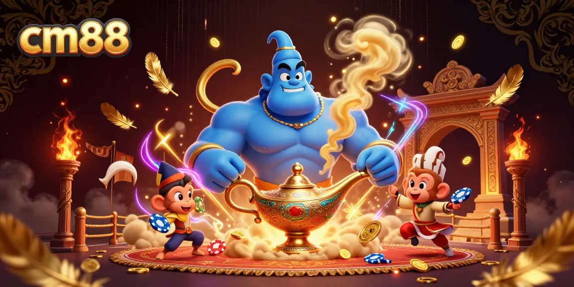Experience exciting gambling action at cm88, showcased with a blue genie, poker chips, and dynamic casino elements.