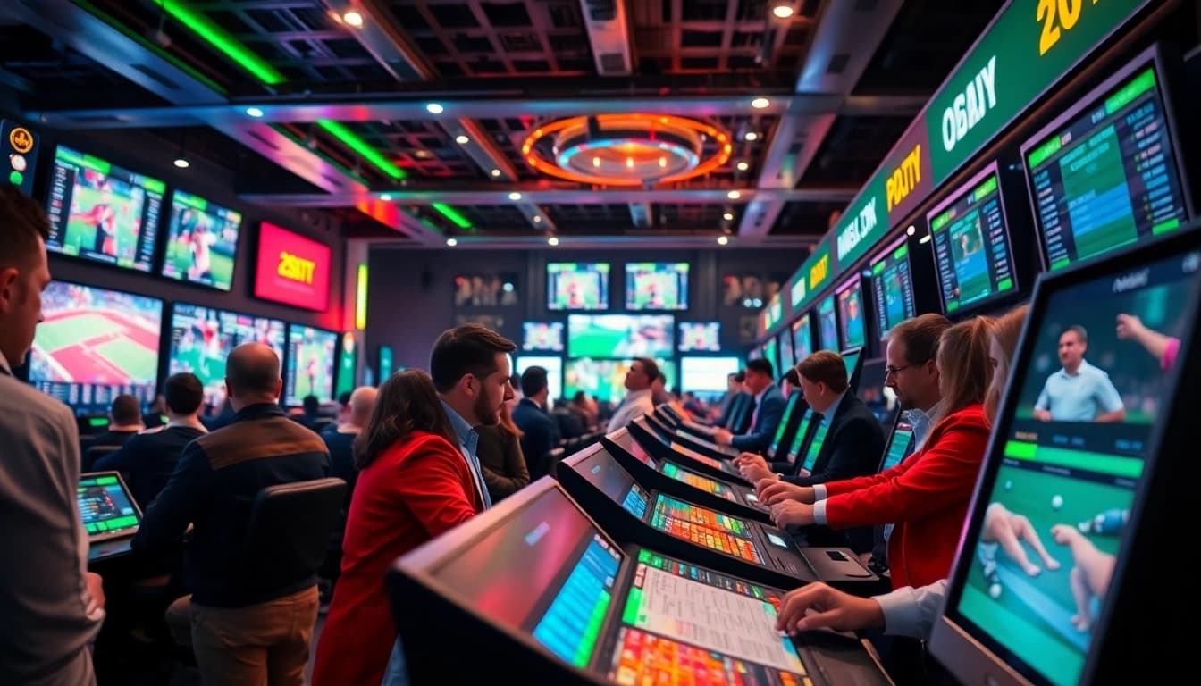 Engaged bettors placing wagers in a dynamic sports betting environment with bright screens.