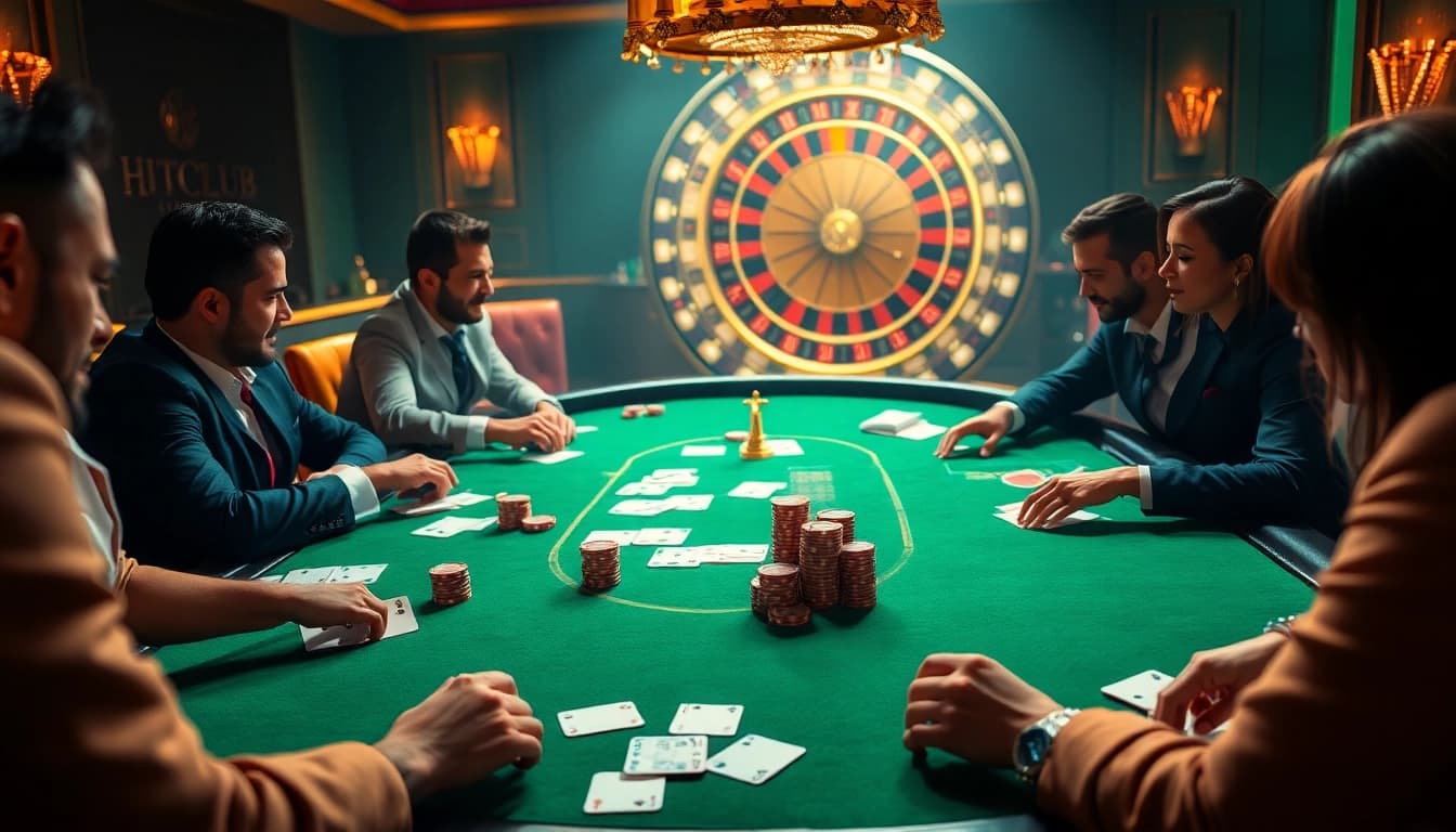 Players strategizing at the hitclub poker table, surrounded by vibrant chips and cards.