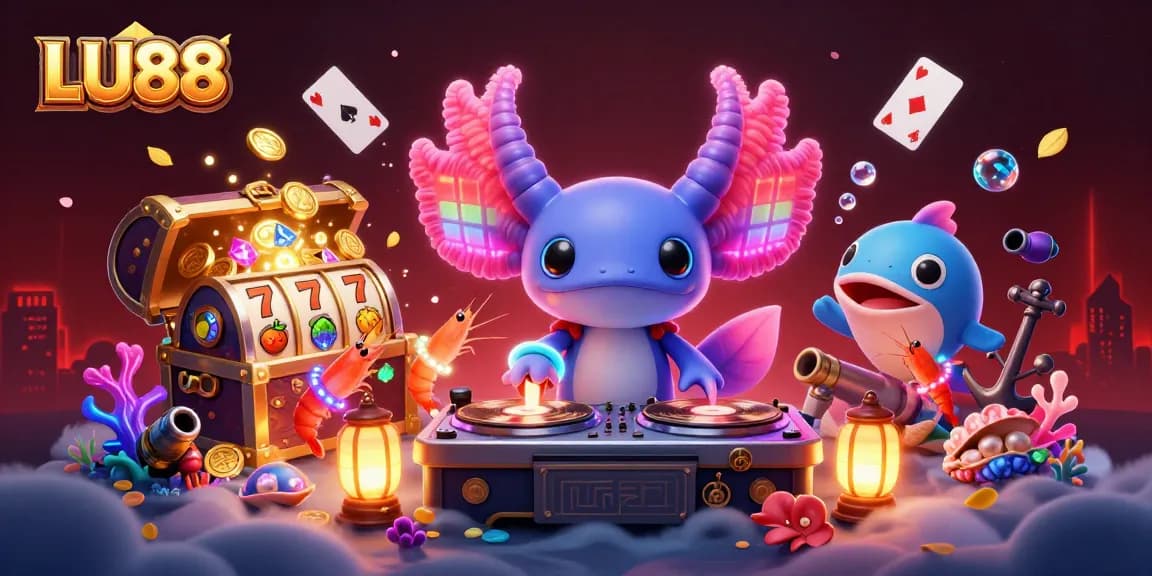 LU88 brings the thrill of gaming with an axolotl DJ spinning vibrant tunes in a colorful casino scene