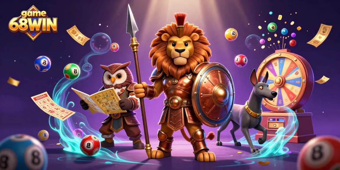Launch into action with game 68WIN as the Spartan lion and strategic owl navigate a vibrant casino scene.