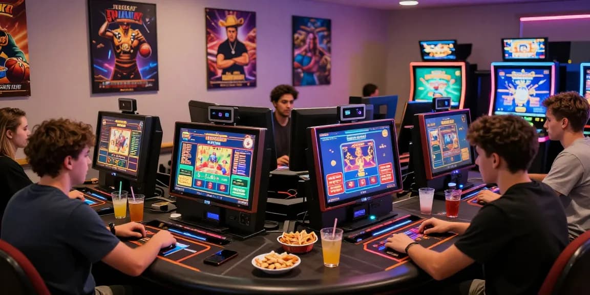 Players enjoying credit card casinos at a vibrant gaming table with colorful screens and snacks.