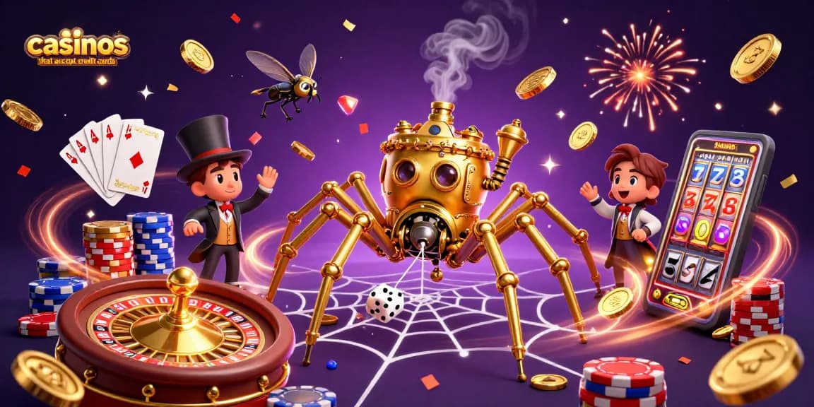 Experience casinos that accept credit cards in this vibrant 3D scene featuring steampunk elements, dice, and sparkling gems.