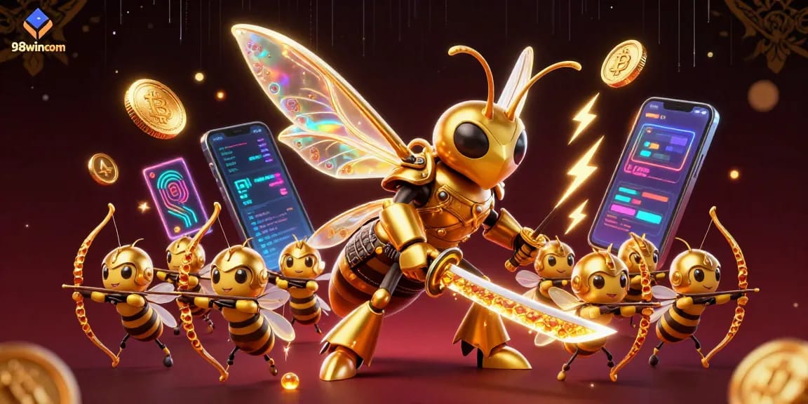 Experience thrilling action with 98wincom's engaging gaming world featuring vibrant characters and crypto elements.