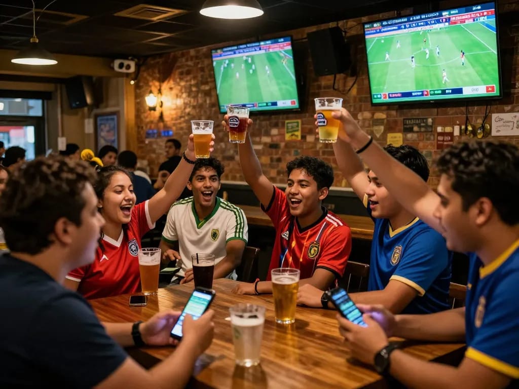 View of patrons celebrating with friends while watching footbal stream Cakhiatv at a lively sports bar.