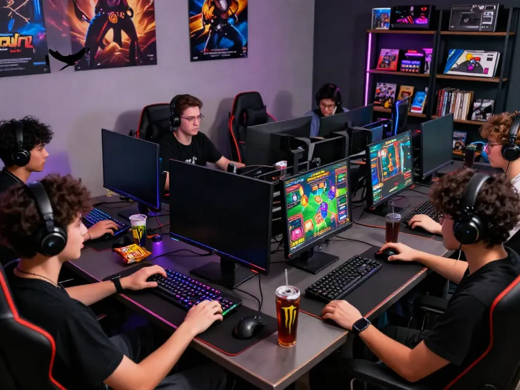 A vibrant gaming scene where friends enjoy akunjp online slots with colorful monitors and gaming gear.