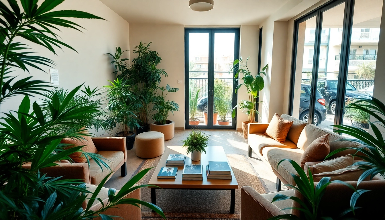 Clubs Cannabis Lloret De Mar, ambiance détendue avec des plantes luxuriantes et un espace lounge accueillant.