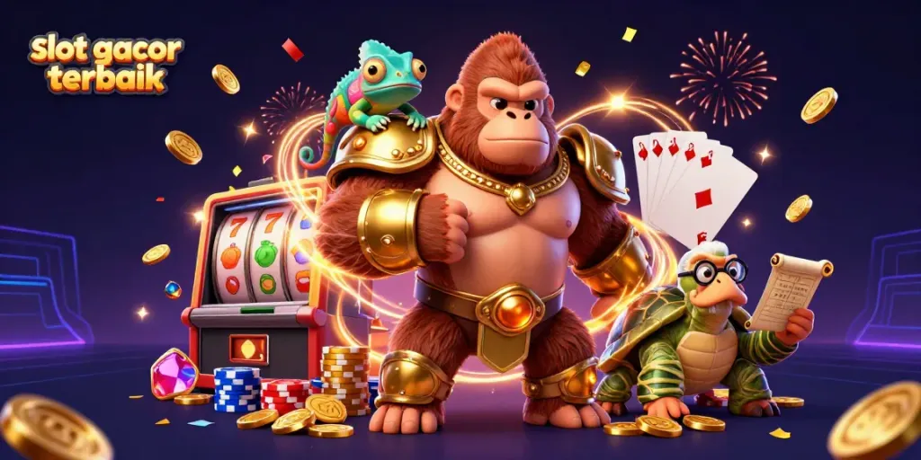 Raja gorila memukulkan dada di kasino dengan chameleon dan sosok punggung kura-kura, menggambarkan slot gacor terbaik