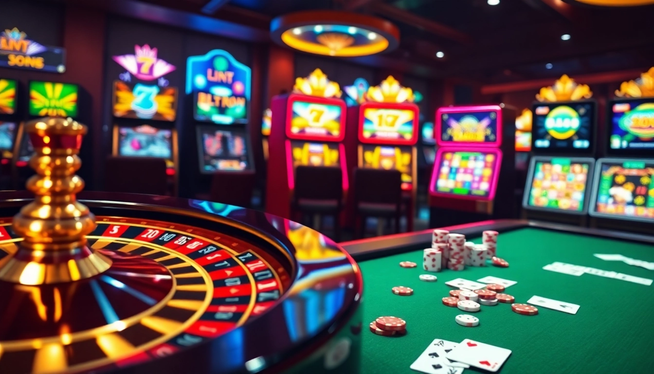 Experience thrilling wins at bancadoithuong with vibrant casino elements like roulette wheels and poker chips.