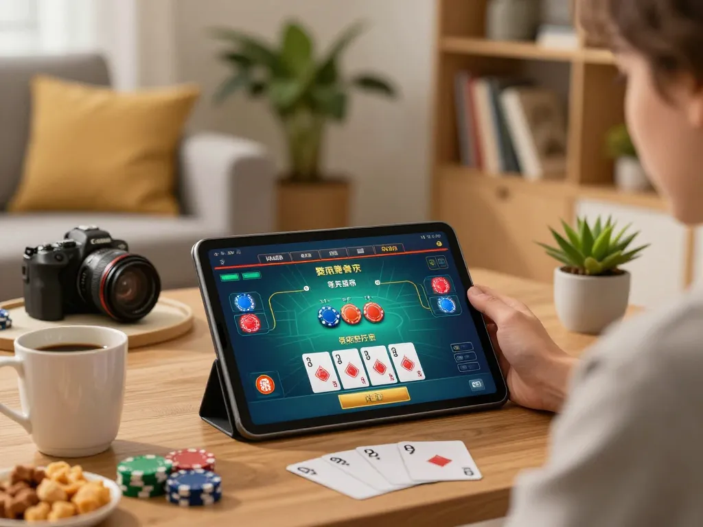 Vaobet user enjoying online gambling on a tablet in a relaxing home setting.