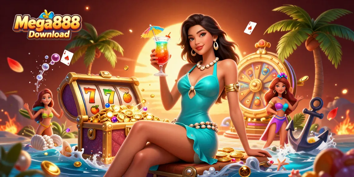 Mega888 Download app showcases a glamorous Asian woman enjoying casino games under a stunning sunset.