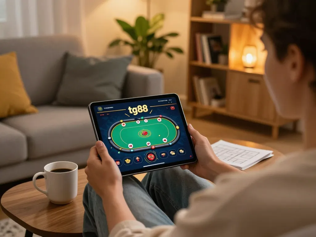 Engaging online gaming experience with tg88 casino app on tablet in a cozy living room setting