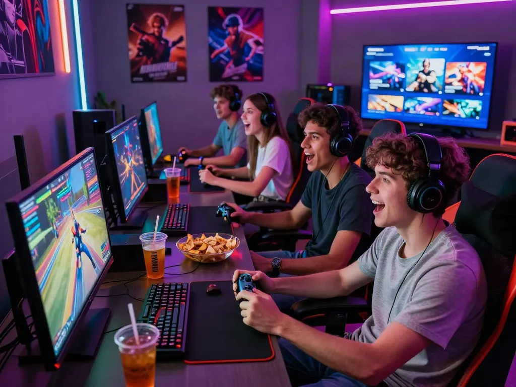 Exciting gaming session with friends enjoying akunjp games in a vibrant lounge.