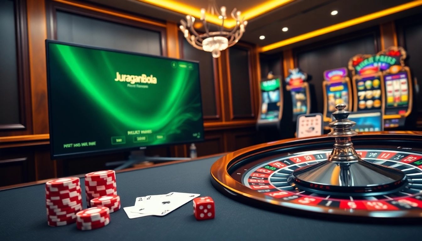 Strategically placing bets on juraganbola online casino interface featuring poker chips and roulette wheel