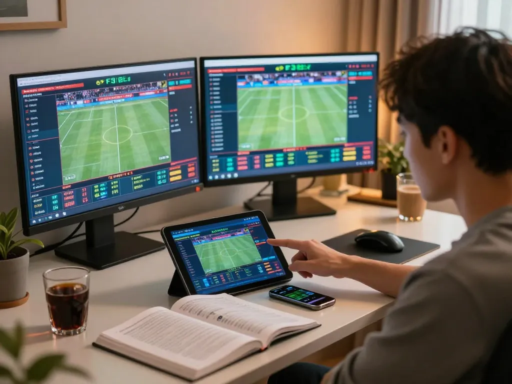 Engaged bettor reviewing F8BET sports odds on tablet during a live event.