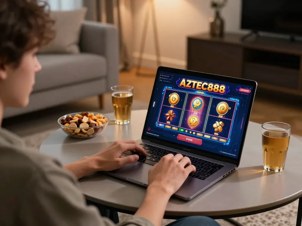 Player enjoying online slots at AZTEC888 from a cozy home environment while managing bankroll.
