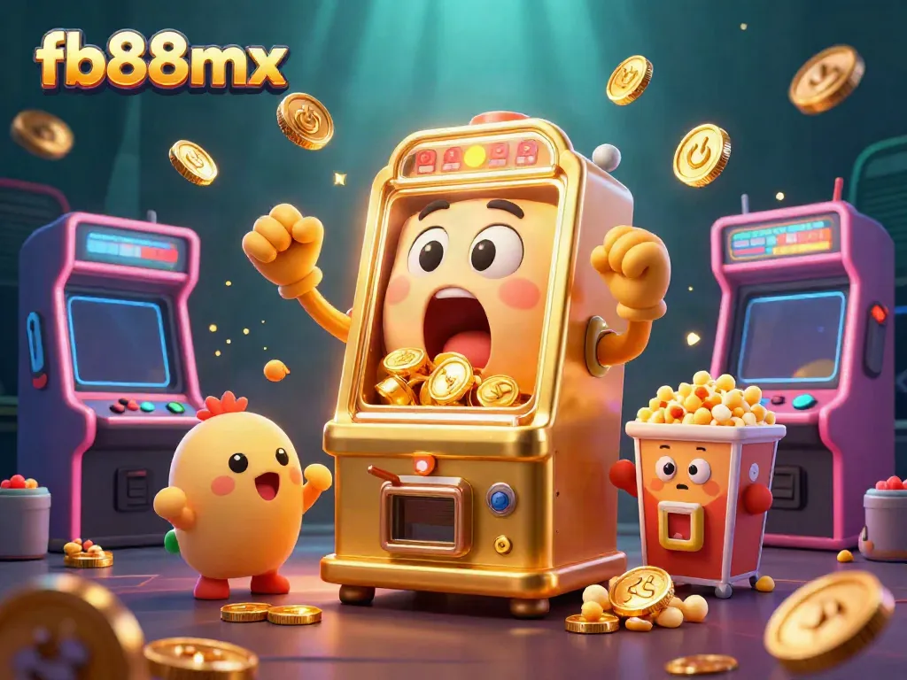 Exciting moment at fb88mx as a golden slot machine celebrates a jackpot, surrounded by cheerful companions and dynamic game elements.