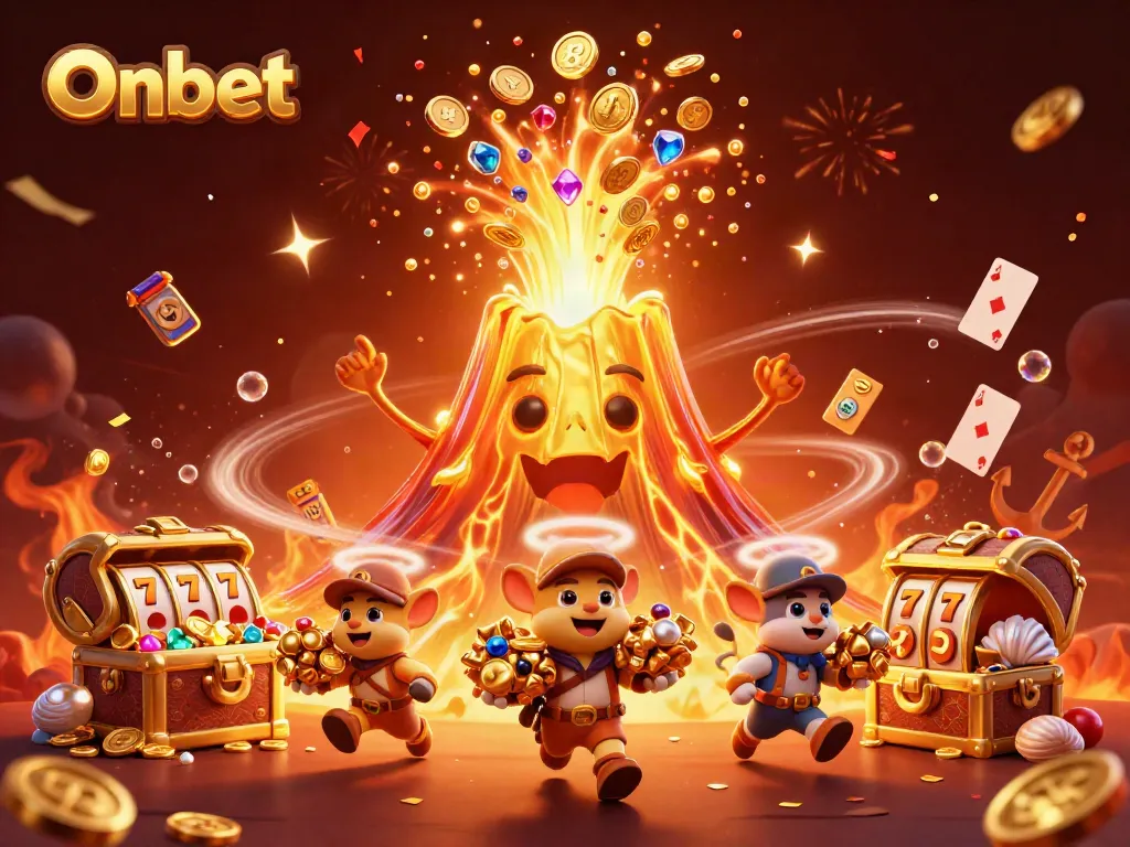 Experience the thrill of winning with Onbet's lively casino scene featuring a golden volcano and treasure-hunting animals.