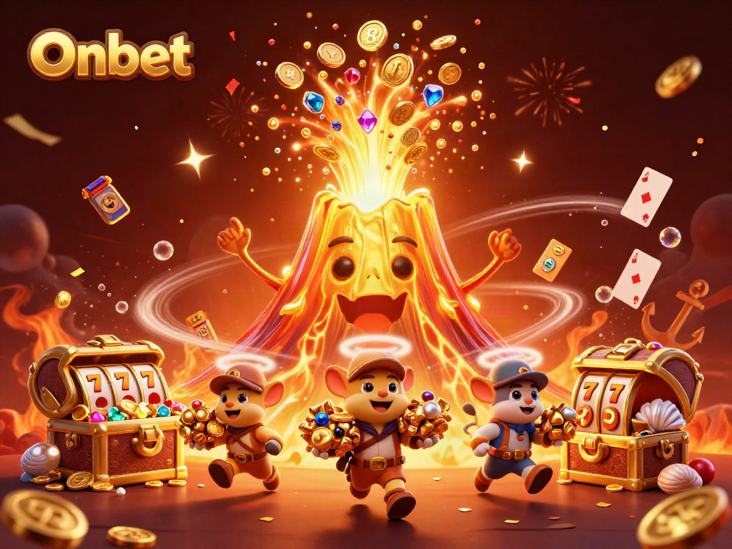 Experience the thrill of winning with Onbet's lively casino scene featuring a golden volcano and treasure-hunting animals.