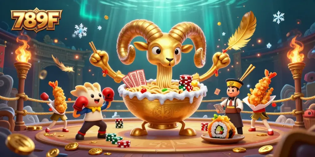 Engage with the gripping action of 789F as a giant ramen bowl character deals cards in a vibrant casino scene.