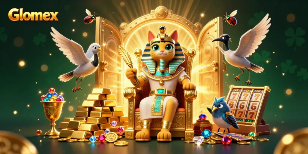 Glomex elevates the casino experience with a vibrant 3D illustration showcasing a pharaoh cat and gaming elements.